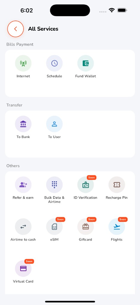 FAFOTECH mobile app — All Services screen with bills, transfers and more